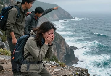 Distressed woman kneeling on a coastal cliff one of the mwith hikers looking out at the ocean waves.