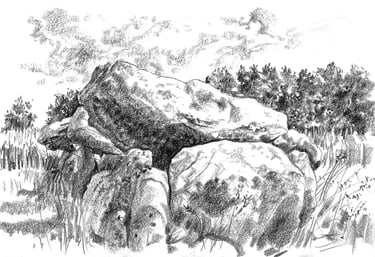 Dessin de paysage à la pierre noire représentant des rochers en Bretagne