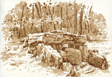 Dessin de paysage au lavis de brou de noix représentant des rochers en Bretagne