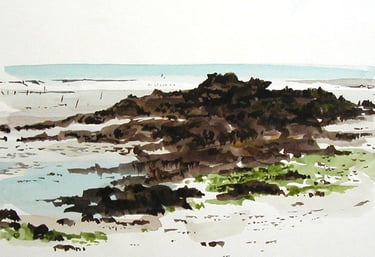 Dessin de paysage à l'aquarelle représentant des rochers en Bretagne