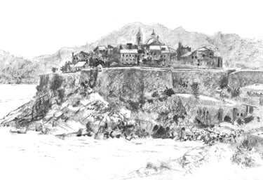 Dessin de paysage au fusain représentant Calvi en Corse