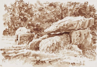 Dessin de paysage au lavis de brou de noix représentant des rochers en Bretagne