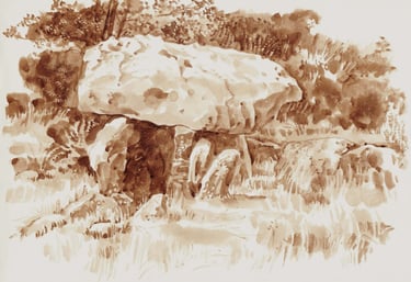 Dessin de paysage au lavis de brou de noix représentant des rochers en Bretagne