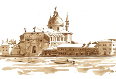 Dessin de paysage au lavis de brou de noix représentant Venise.