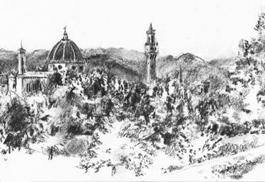 Dessin de paysage au fusain représentant le Dôme de Florence