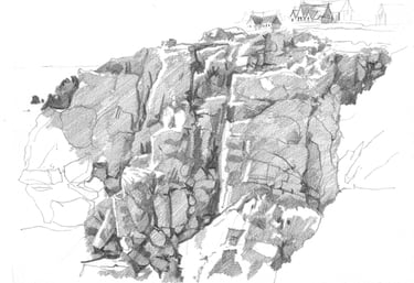 Dessin de paysage à la mine de plomb représentant des rochers au Croisic