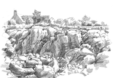 Dessin de paysage à la mine de plomb représentant des rochers en Bretagne