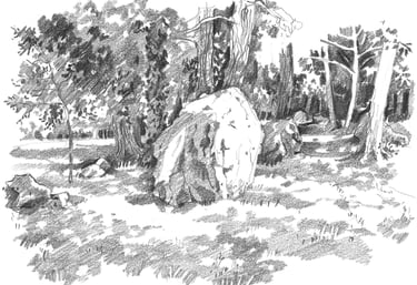 Dessin de paysage à la mine de plomb représentant des rochers en Bretagne