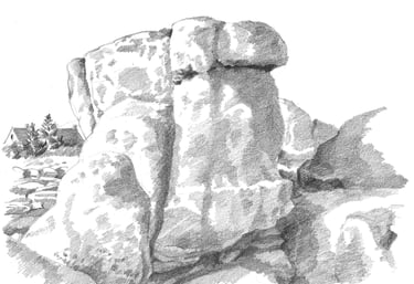 Dessin de paysage à la mine de plomb représentant des rochers en Bretagne