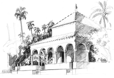 Dessin de paysage à la pierre noire représentant l'Alcazar à Séville