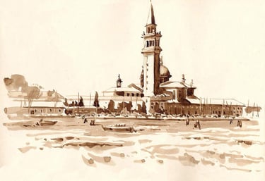 Dessin de paysage au lavis de brou de noix représentant Venise.