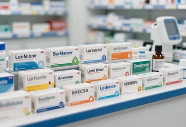 A bright and organized display of medication boxes on a clean pharmacy counter with professional steel blue accents.