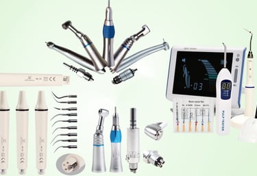Professional endodontic equipment including dental handpieces, apex locator, and root canal files.