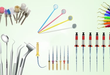 Professional dental tools and equipment including polishing brushes, mouth mirrors, and endodontic files.