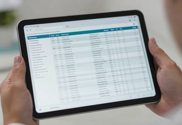 Photography of a digital tablet screen showing organized medical data and charts, held by a professional in a South American / Brazilian setting.