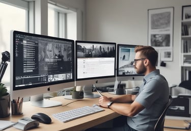 A friendly web designer discussing a website layout with a client over a laptop in a cozy office.