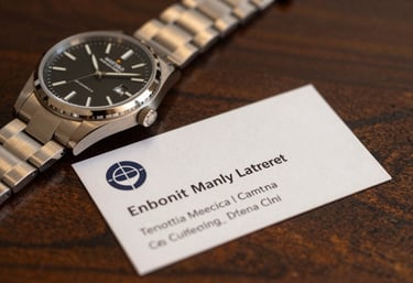 A detail shot of a luxury watch and a professional business card on a dark wood table. Warm golden lighting highlights the textures and premium quality, North American / Global aesthetic.