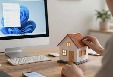 Pessoa a mexer em miniatura de casa numa secretária com computador, ideal para simulação de crédito