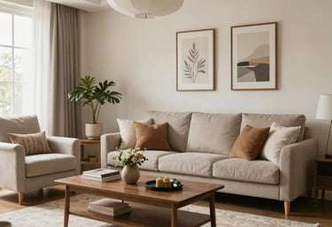 Decoração de sala de estar minimalista com sofá bege, mesa de centro em madeira e quadros decorativo