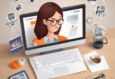 A friendly virtual assistant icon surrounded by digital marketing symbols like graphs and ads.