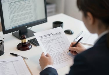 Professional accountant reviewing tax documents in a modern office setting.