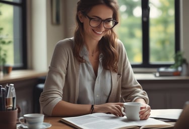 A confident businesswoman giving a presentation in English during a meeting