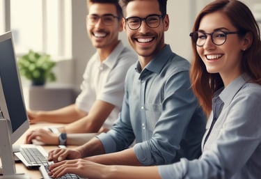 A group of diverse professionals engaged in an interactive online English class