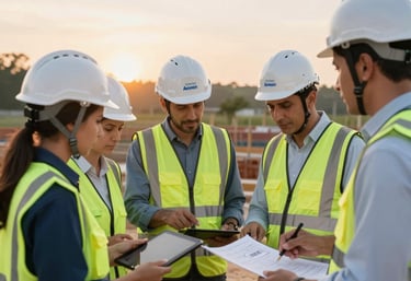 A panoramic view of a modern industrial construction site at sunset.