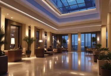 A luxury hotel lobby showcasing elegant design and welcoming atmosphere.