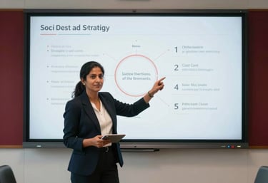 A professional South Asian / Indian woman presenting a creative strategy on a large screen in a boardroom, white and deep red accents in the decor.