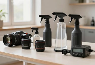 A professional toolkit for mold remediation, featuring high-end sensors and sprayers, neatly arranged on an off-white surface in a bright room.