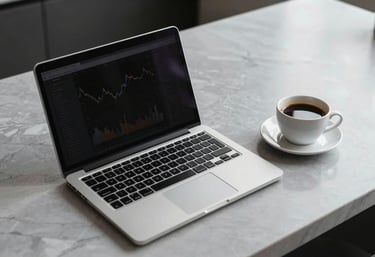 A photography of a modern laptop and a cup of coffee on a minimalist Light Gray marble countertop in a North American / US setting. The scene is quiet and orderly, suggesting the calm focus of financial experts at work.
