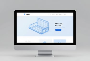 A minimalist wireframe layout of a premium website shown on a high-resolution display. Sleek structure using #F8FAFC and #4F77CC.