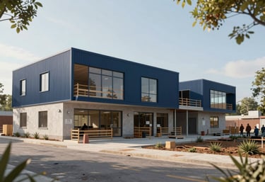 An artistic photograph of a modern community center being built, representing CSR initiatives, in a global international setting with natural, bright morning light and navy blue accents.