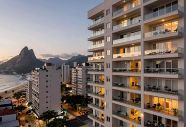 A panoramic view of a modern apartment building facade with balconies at dusk, located in a upscale Brazilian coastal city, elegant outdoor lighting, professional photography.