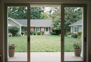 Wide interior shot looking through large, pristine glass patio doors into a green manicured lawn in a North American suburb.