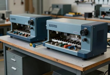 A high-quality photograph of a modern workshop with organized tools and a professional atmosphere, highlighting Steel Blue and Dark Navy Blue accents in the equipment.