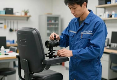 A clean, organized workshop where a technician performs routine maintenance on a mobility device. Professional Slate Blue work uniform, bright lighting, North American / US setting.