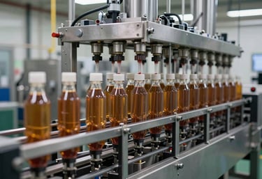 A sophisticated automated bottling and packaging line in a modern North American plant, showcasing industrial precision and high-efficiency flow.
