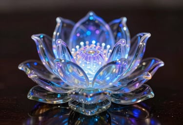 A macro shot of a glass lotus flower sculpture glowing with internal blue and purple fiber-optic lights on a reflective dark surface.