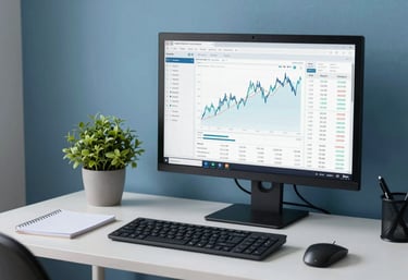 A modern, organized workspace featuring a large monitor with financial data and a small green plant, North American / US home office, Light Blue and Medium Blue shades.