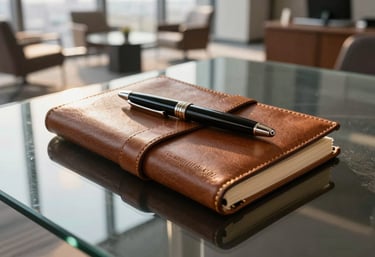 An elegant leather notebook and a premium pen resting on a glass table in a high-rise office lounge, golden hour light, Global / Francophone, expressing success.