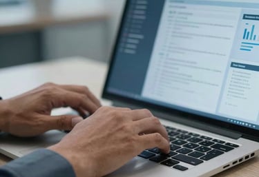 A detailed close-up of a Latinoamericano businessman's hands typing on a laptop with a high-tech administrative interface, muted blue and light blue color scheme, soft office lighting.