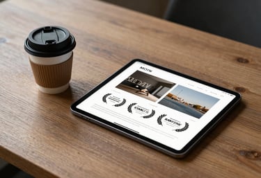 A minimalist setup on a wooden desk featuring a professional coffee cup and a sleek tablet showing a design mockup.