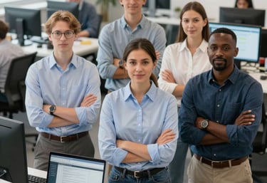 Modern office workspace with a team collaborating over laptops and digital devices.