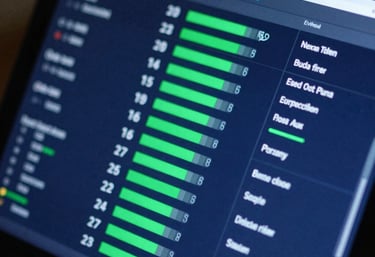 A close-up of a high-tech screen showing a dashboard with various metrics and green progress bars. The lighting is tech-forward with an indigo hue.
