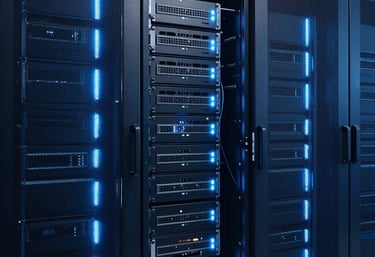 An artistic shot of a blue-tinted server room with glowing lights, representing the digital infrastructure Hassan supports through his testing.
