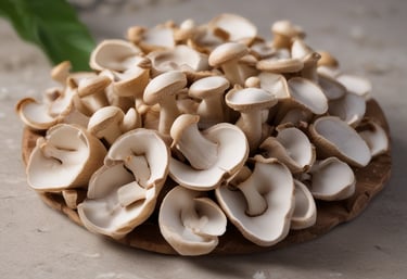 Close-up of fresh oyster mushrooms growing on organic logs in a shaded farm environment.