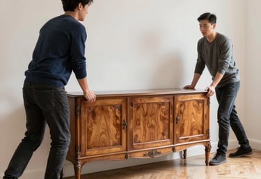 A team organizing and emptying containers outside a residential building.