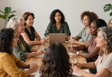 A warm, inviting coaching session with a woman smiling and taking notes.